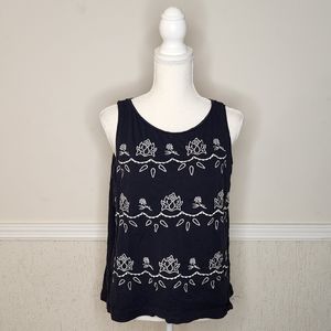 LOFT Ann Taylor Women's Floral embroidery sleeveless blouse vintage soft navy